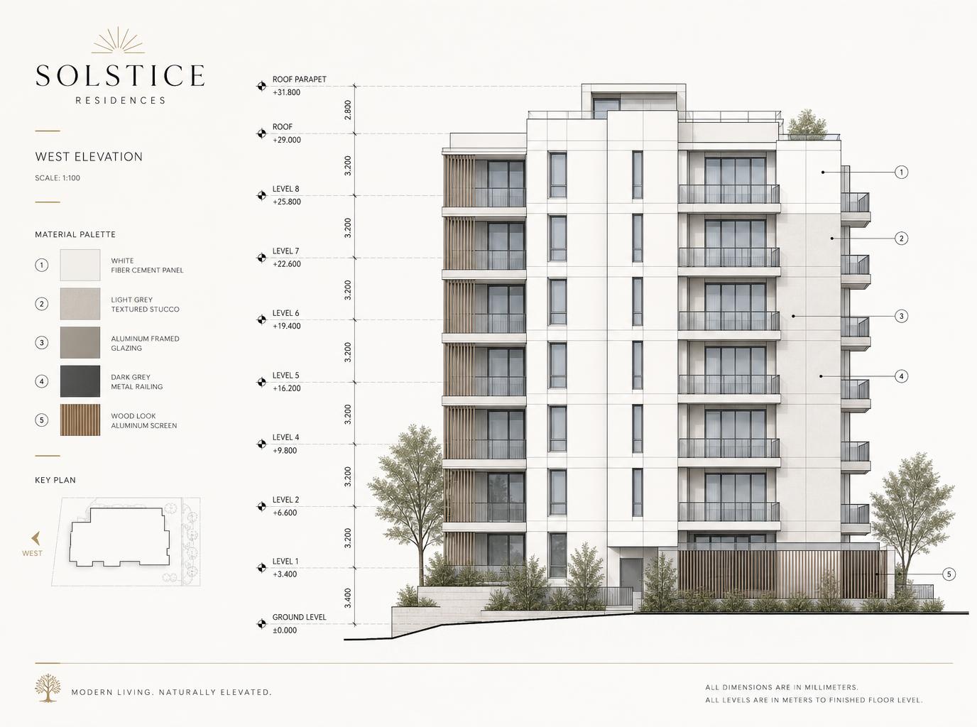 West elevation drawing of WW Platina, an eight-storey residential tower