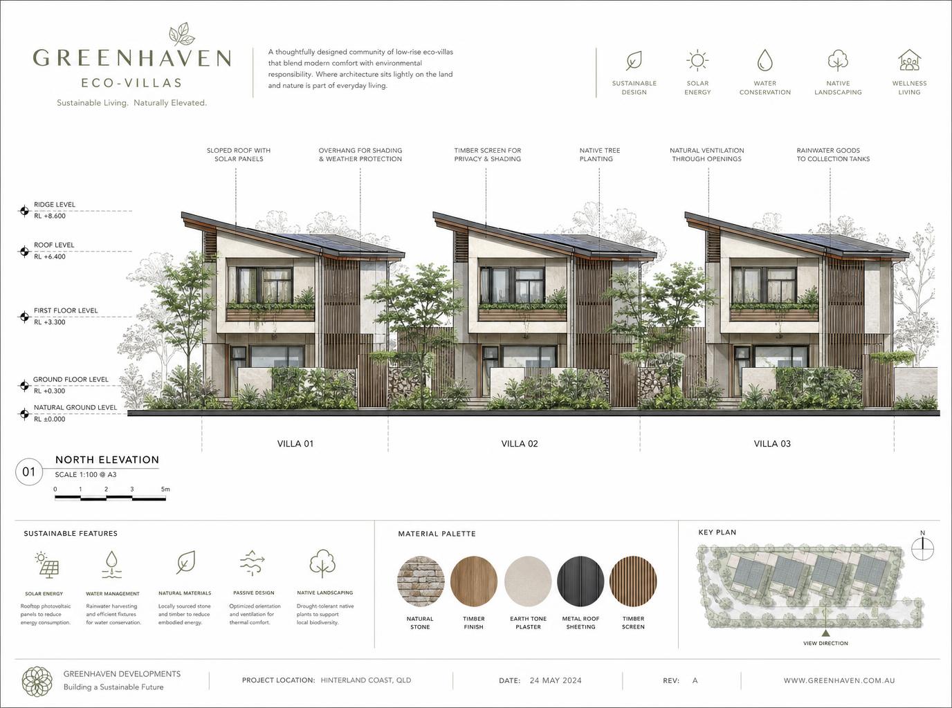 North elevation drawing of sustainable eco-villas at WW Ecocities