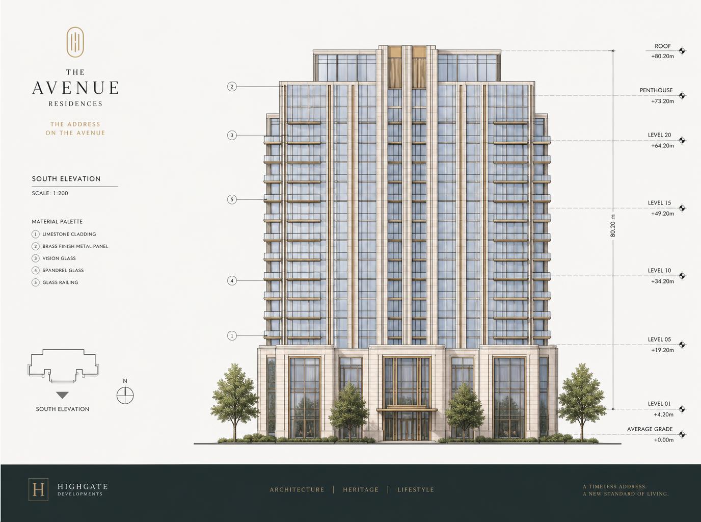 South elevation drawing of WW Queens Heights luxury tower